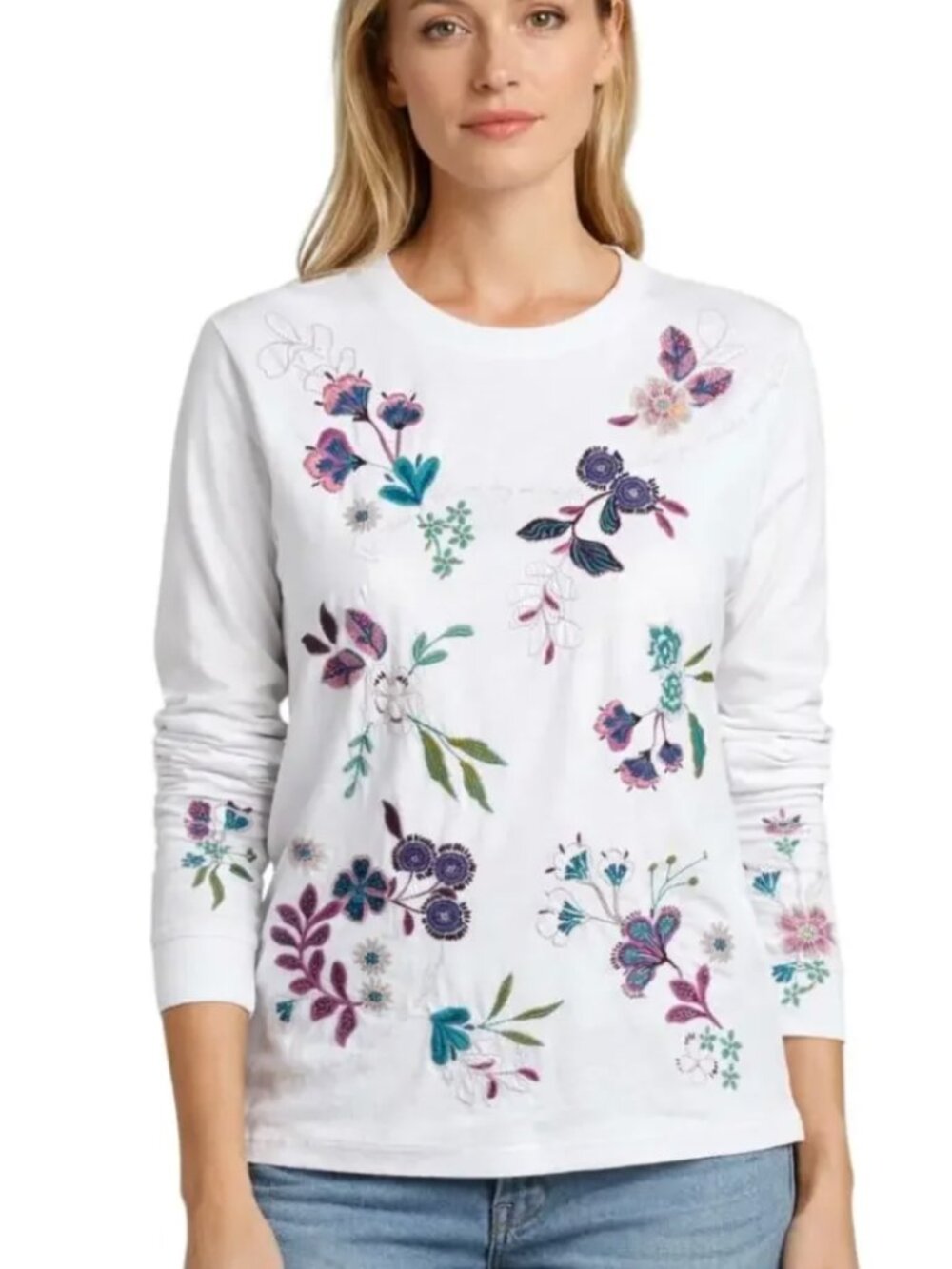 Johnny Was Shilo Relaxed Long Sleeve Tee cotton color floral embroidery Size M